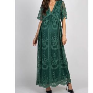 PinkBlush Maternity picture, baby shower dress. Teal green lace mesh overlay